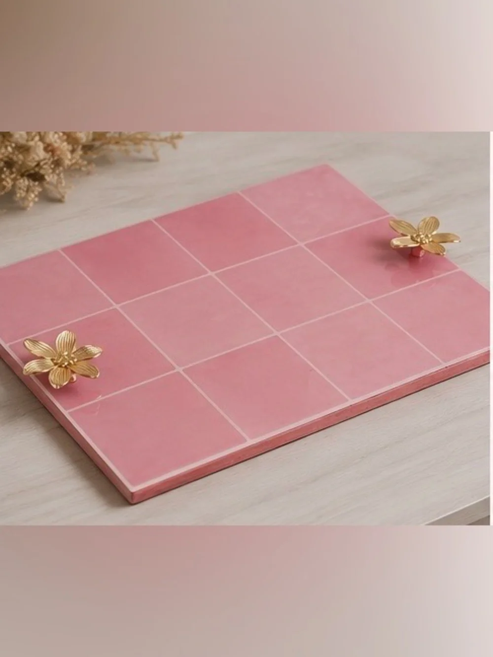 Pink Faux Tile Decorative Vanity Tray 16x12 Gold Flower Handles